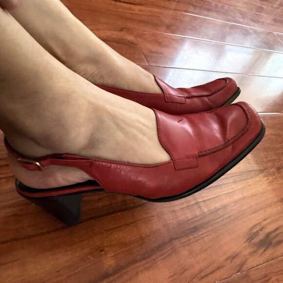 Vtg Etienne Aigner Leather Square Toe Red Loafer Sling Back Heels Sz 6.5 - Picture 2 of 15
